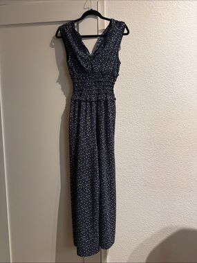 Smocked Waist Navy Maxi Romper with Subtle Flower Print